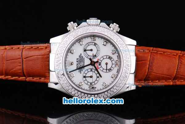 Rolex Daytona Oyster Perpetual Chronometer Automatic with Diamond Bezel,White Dail and Diamond Marking-Leather Strap - Click Image to Close